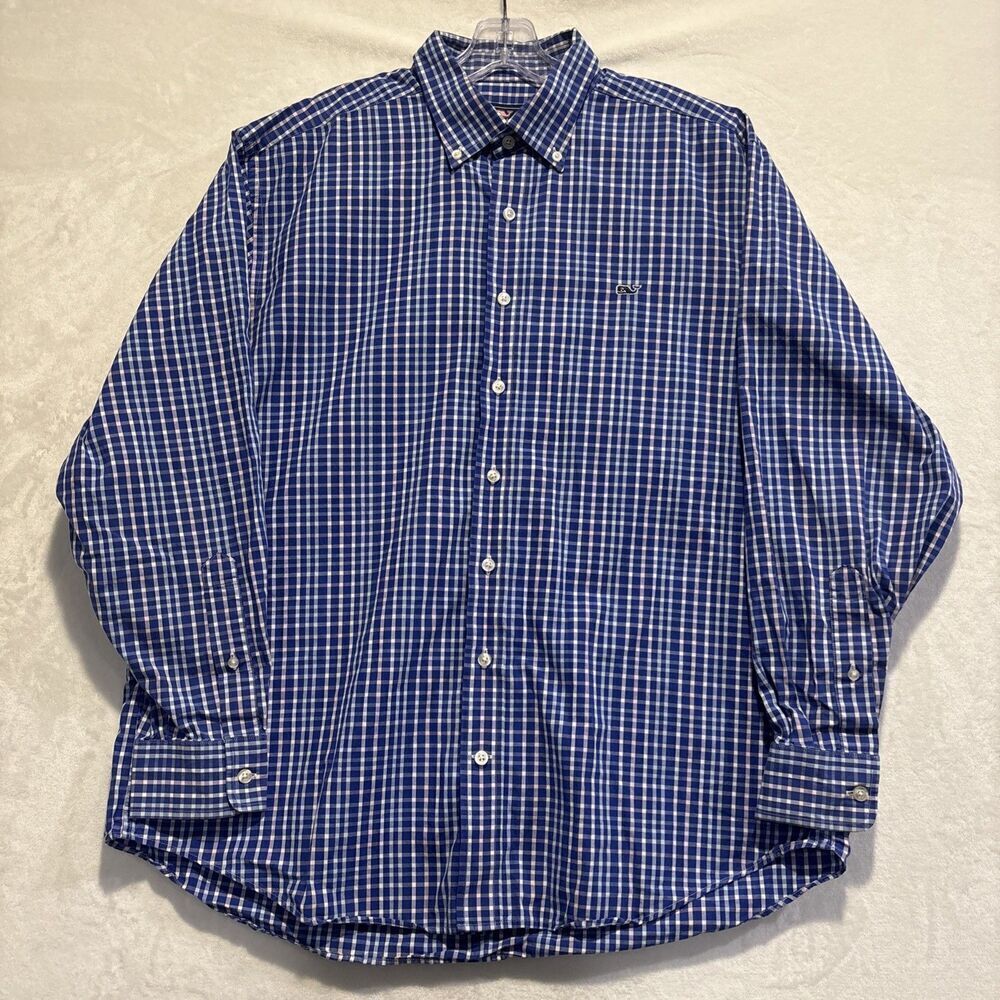 Vineyard Vines Men's Plaid Whale Shirt Button Down Pink Blue Size Large Preppy